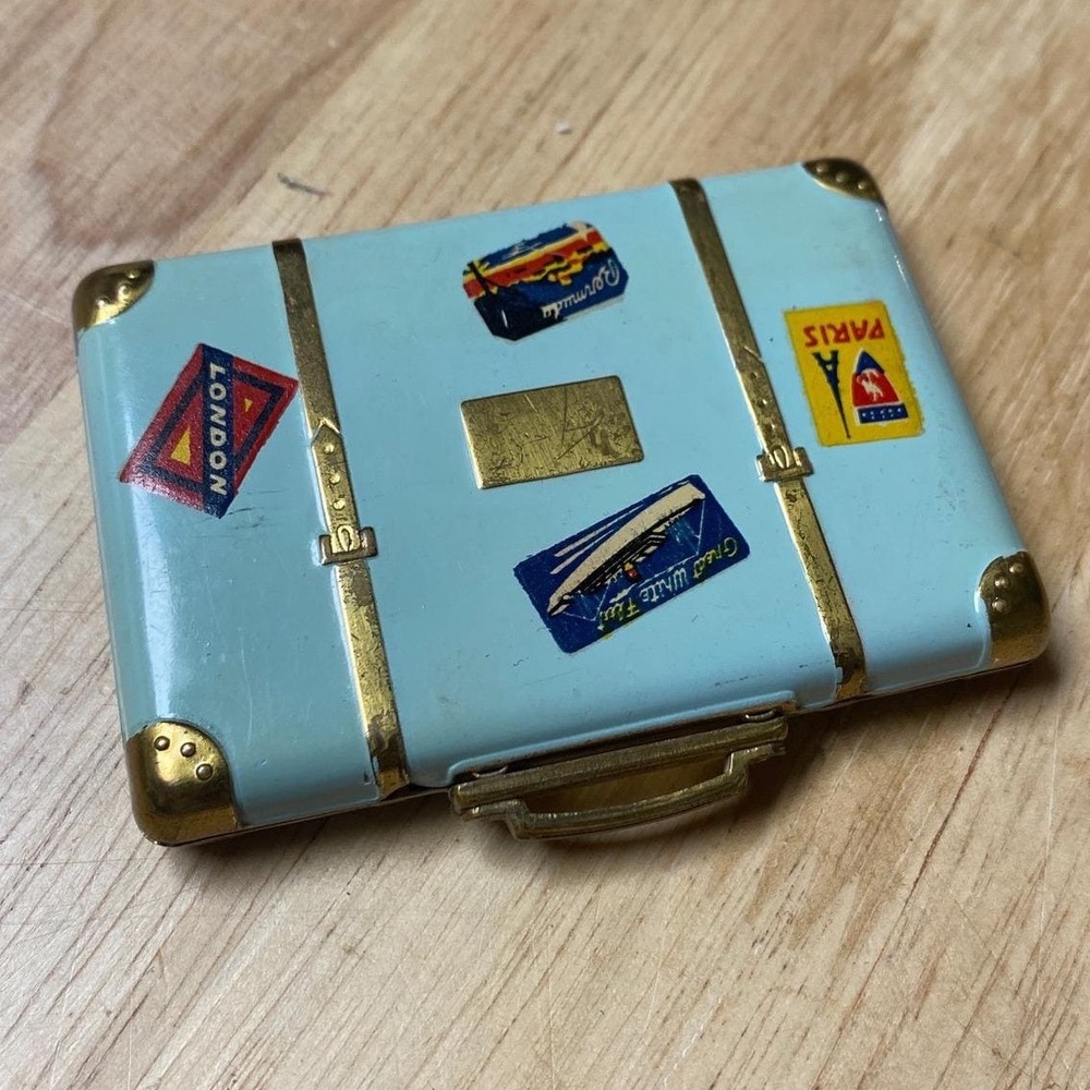 Vintage Cara Mia Suitcase Makeup Compact Aqua Blue Travel Theme Rouge Powder